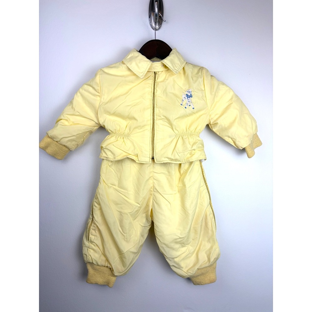 Sno-Veralls Snowsuit Baby 6-12M Yellow Vintage Lamb Embroidery Quilted Puffy